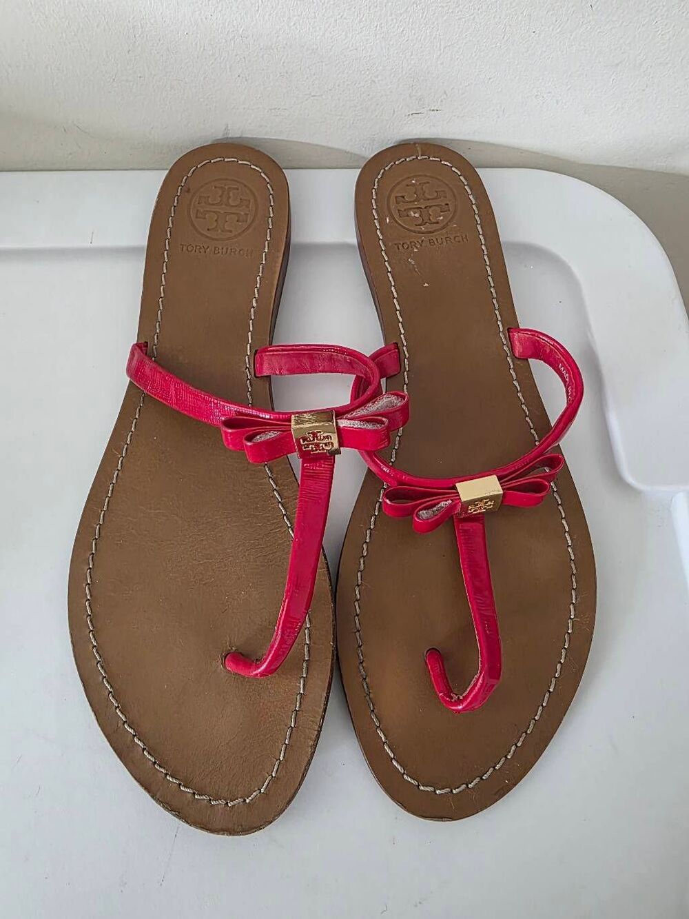 Tory Burch T Strap Ribbons Red Sandals 9